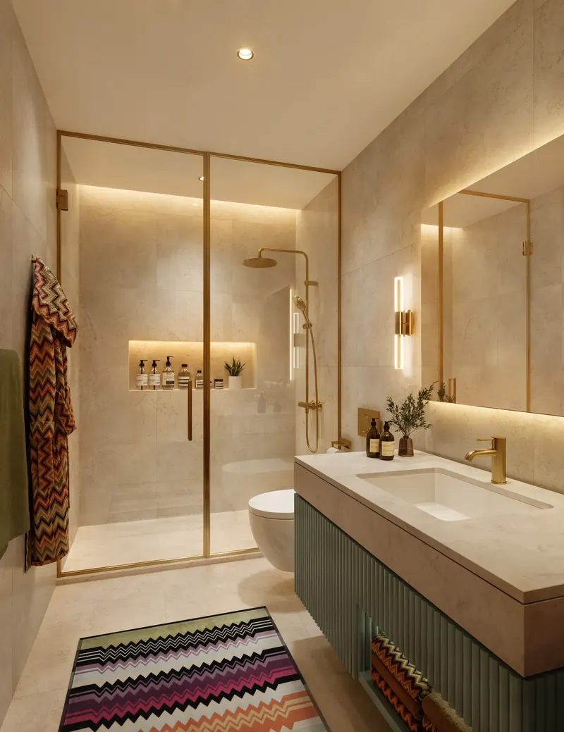 Bathroom in warm ivory stone with a Missoni rug