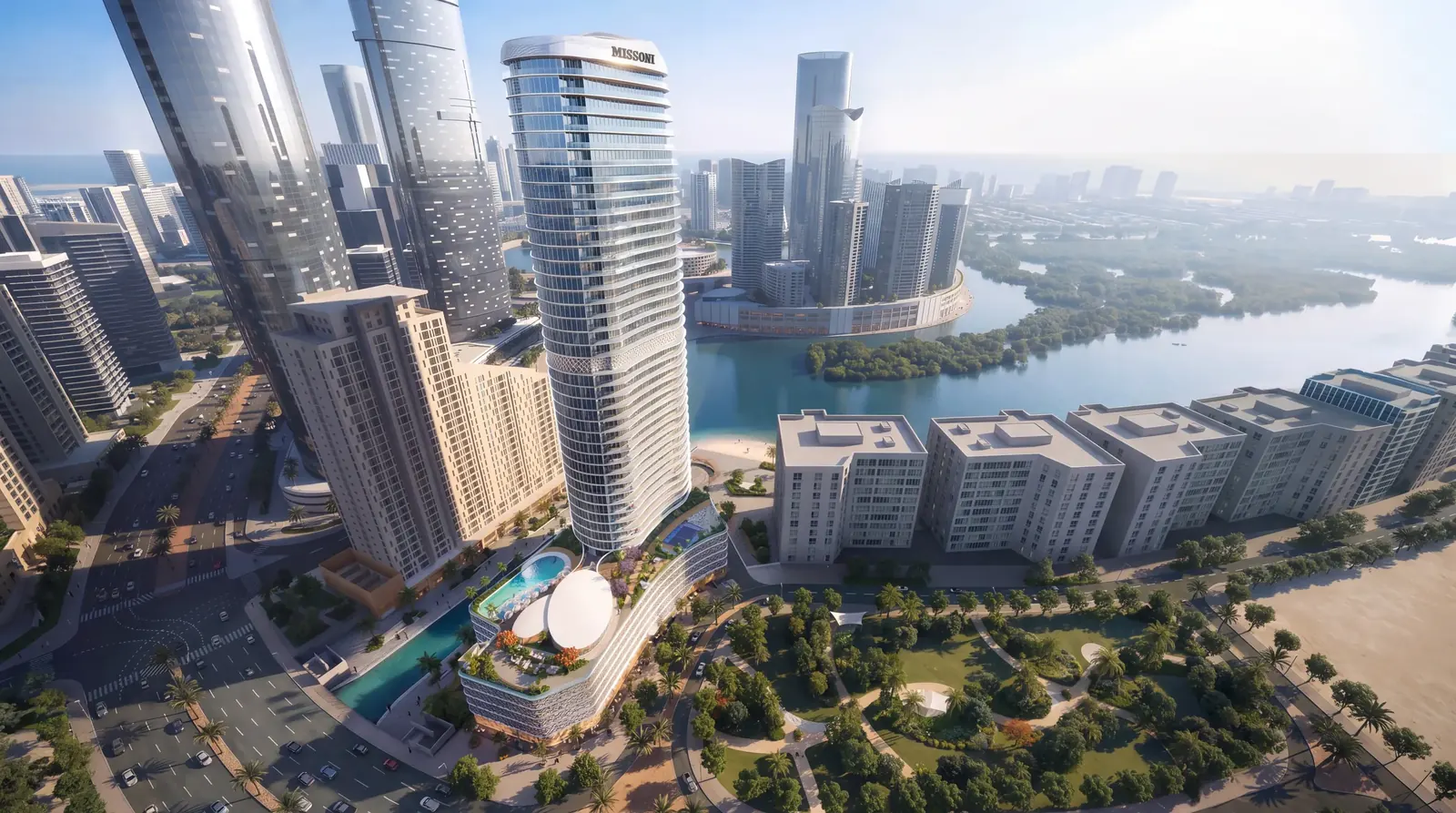 Aerial view of the tower on Al Reem Island with the canal, mangroves and Abu Dhabi skyline