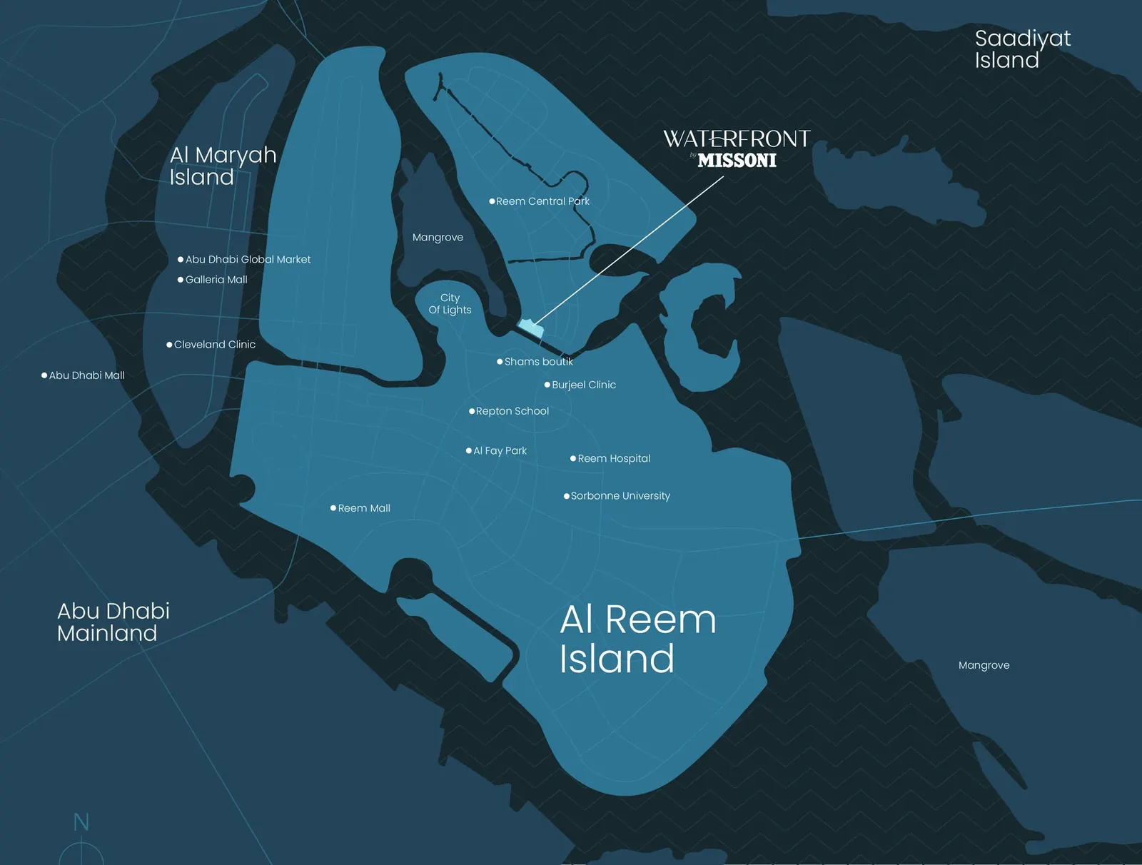 Location map of Waterfront by Missoni on Al Reem Island with nearby landmarks